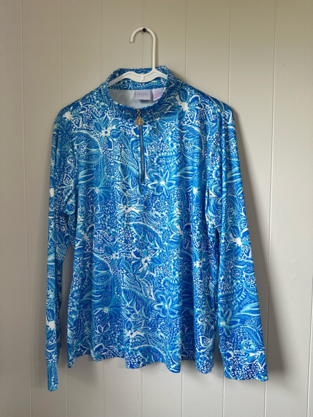 Stella Parker Blue Floral Quarter-Zip Performance Top